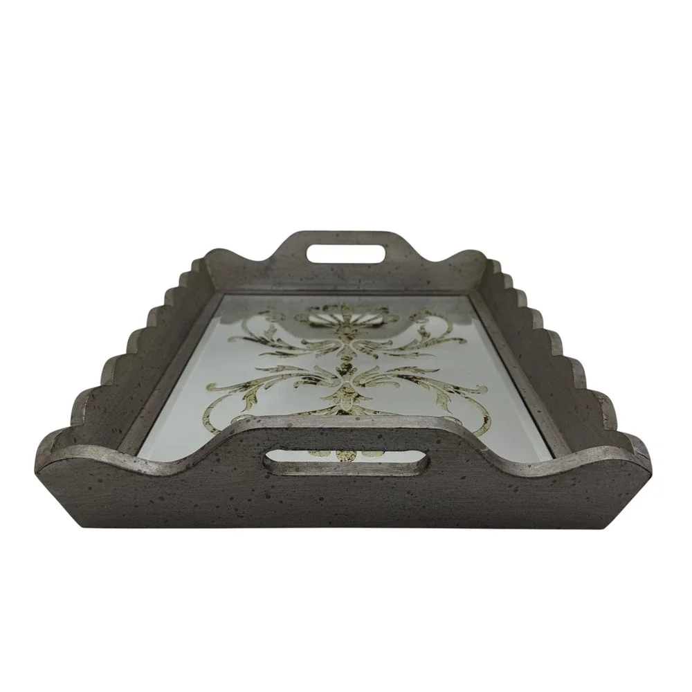 Decorative Mirrored Serving Tray Gray Wood Gold Scroll‎ Accent Handles